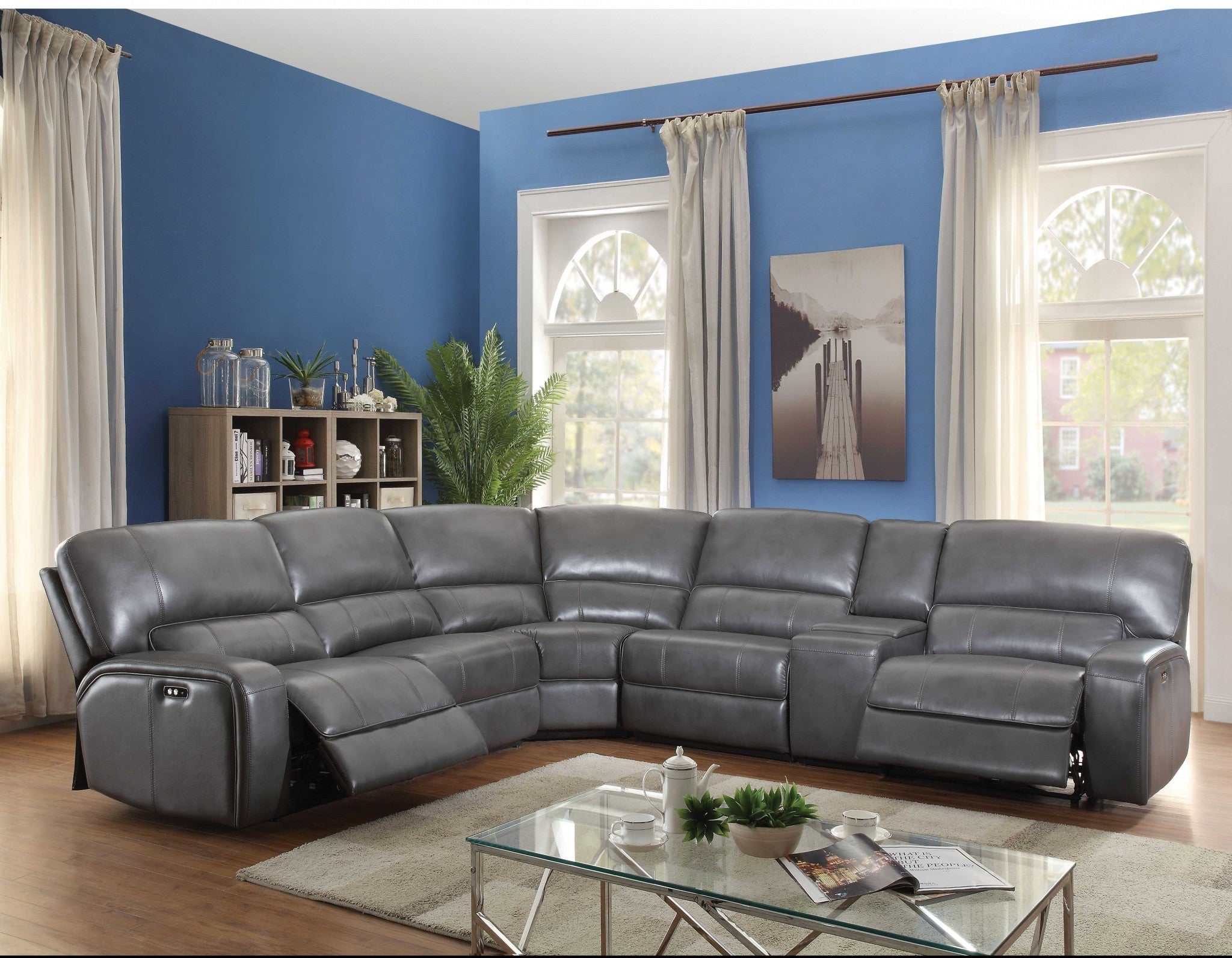 138" X 127" X 41" Gray Leather-Aire Upholstery Metal Reclining Mechanism Sectional Sofa (Power Motionusb Dock)