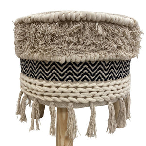 16" Beige And Black Cotton And Natural Round Chevron Ottoman