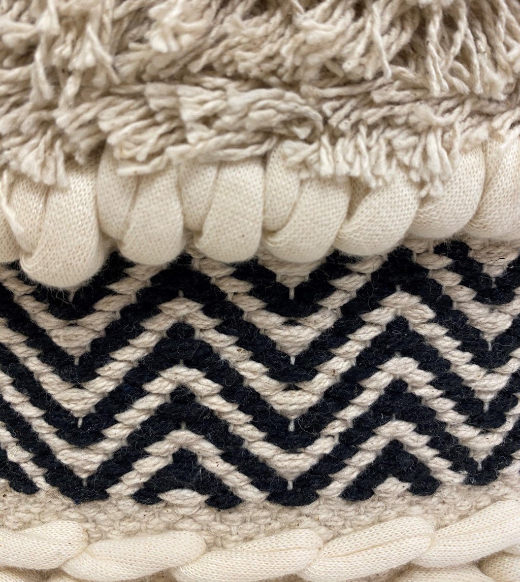 16" Beige And Black Cotton And Natural Round Chevron Ottoman