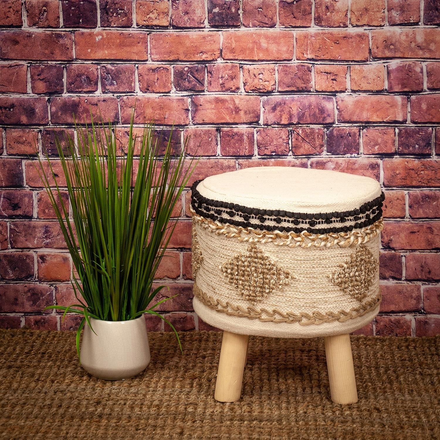 16" Beige Jute And Wood Brown Round Abstract Ottoman