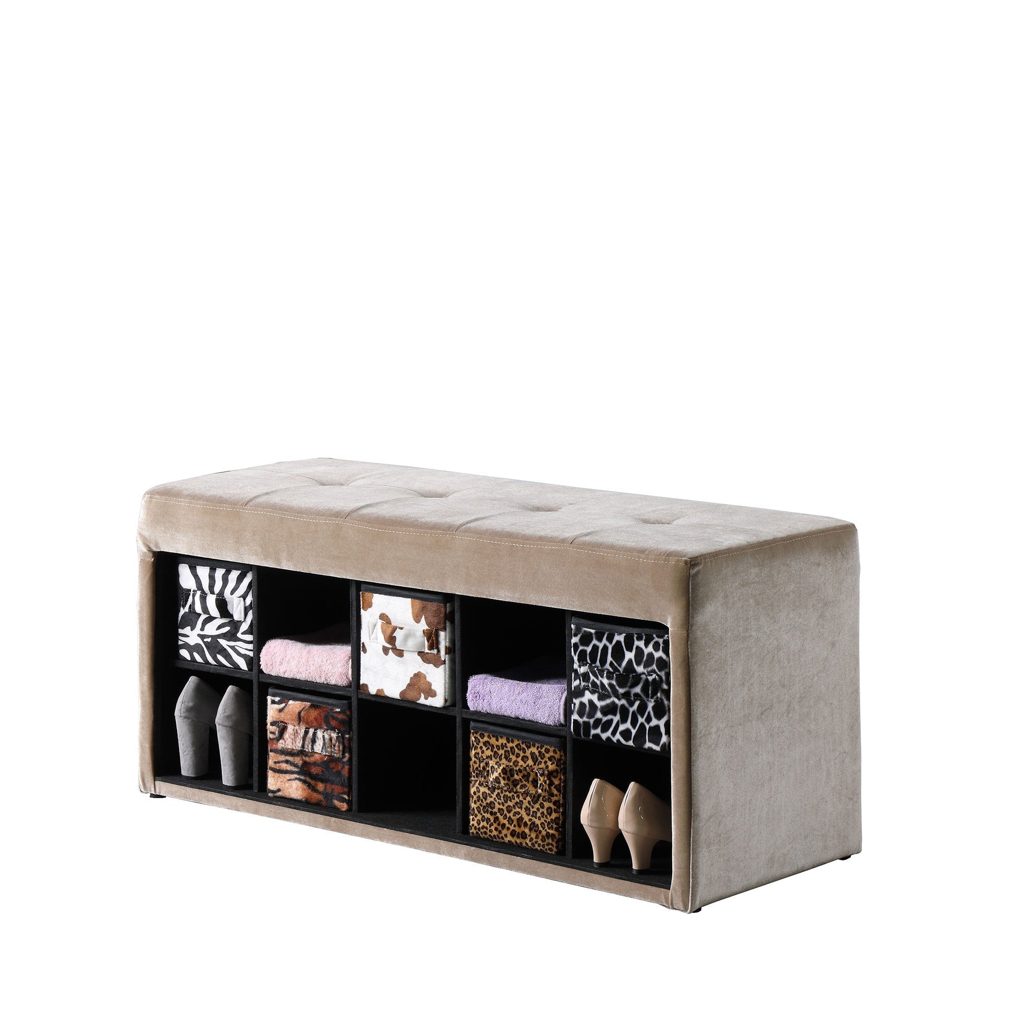 16" Black And Beige Upholstered 100% Polyester Entryway Bench With Shelves