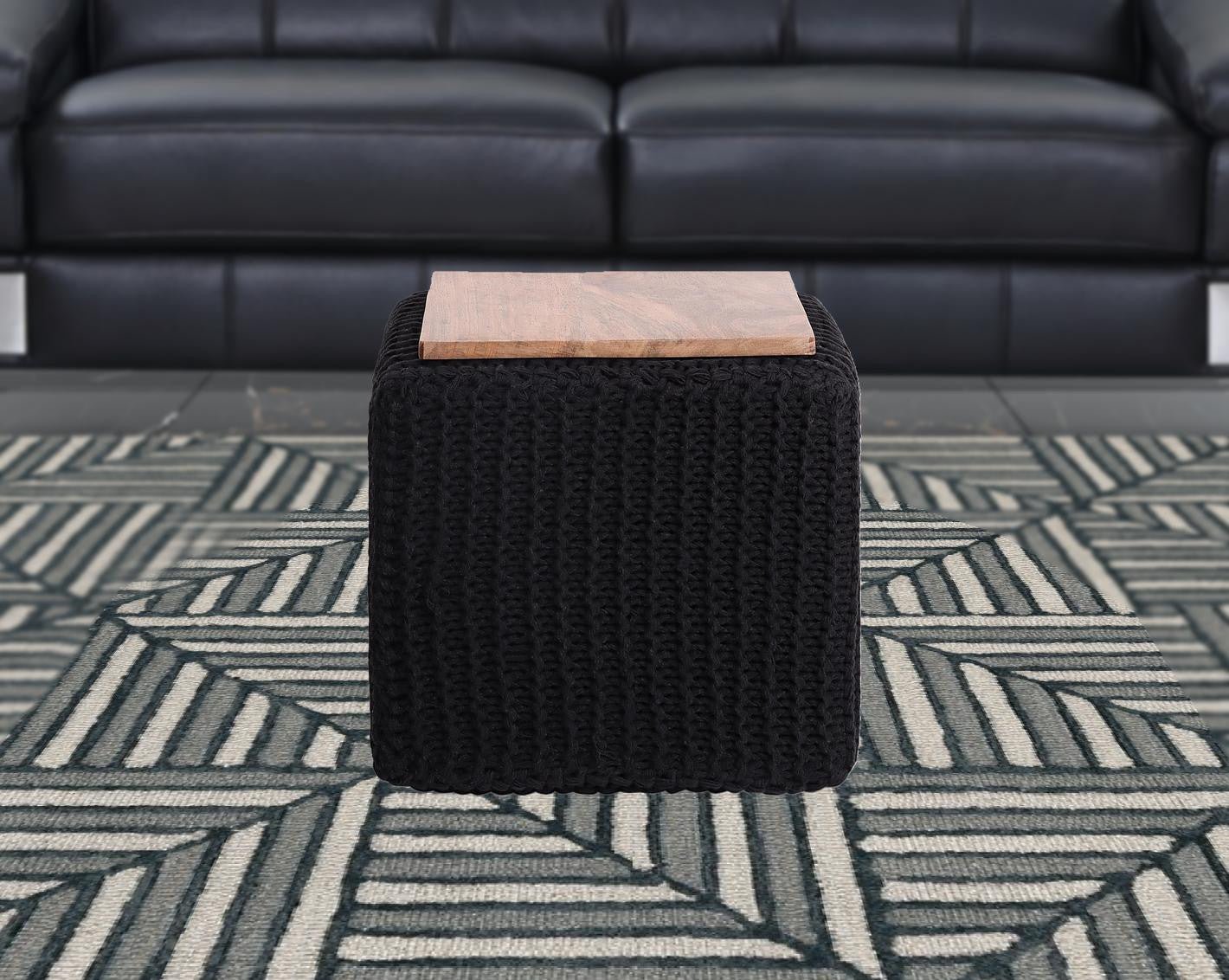 16" Black Cotton Blend Pouf Cube Ottoman