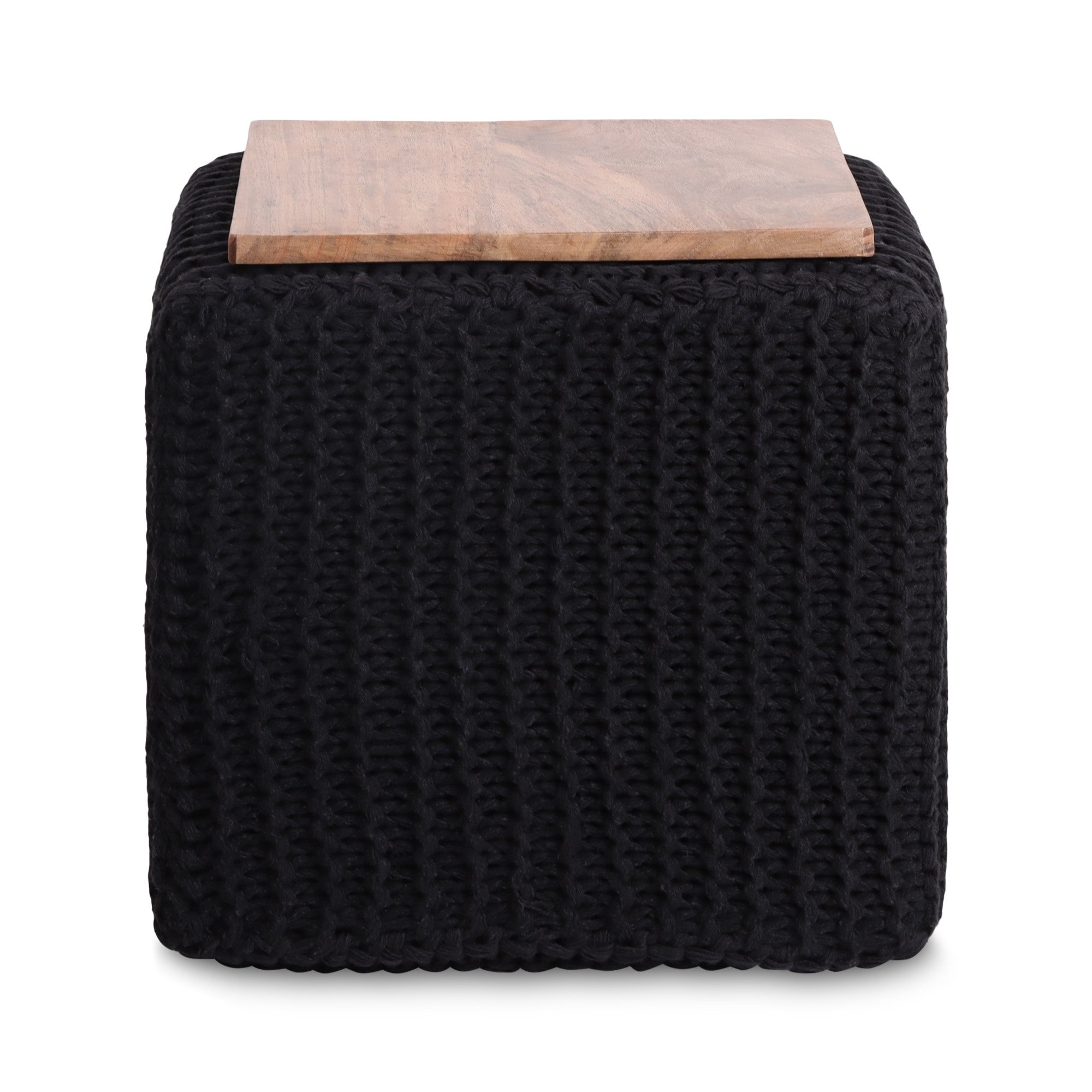 16" Black Cotton Blend Pouf Cube Ottoman
