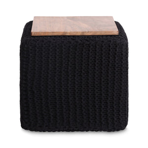 16" Black Cotton Blend Pouf Cube Ottoman