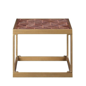 16" Brass And Warm Brown Leather Rectangular End Table