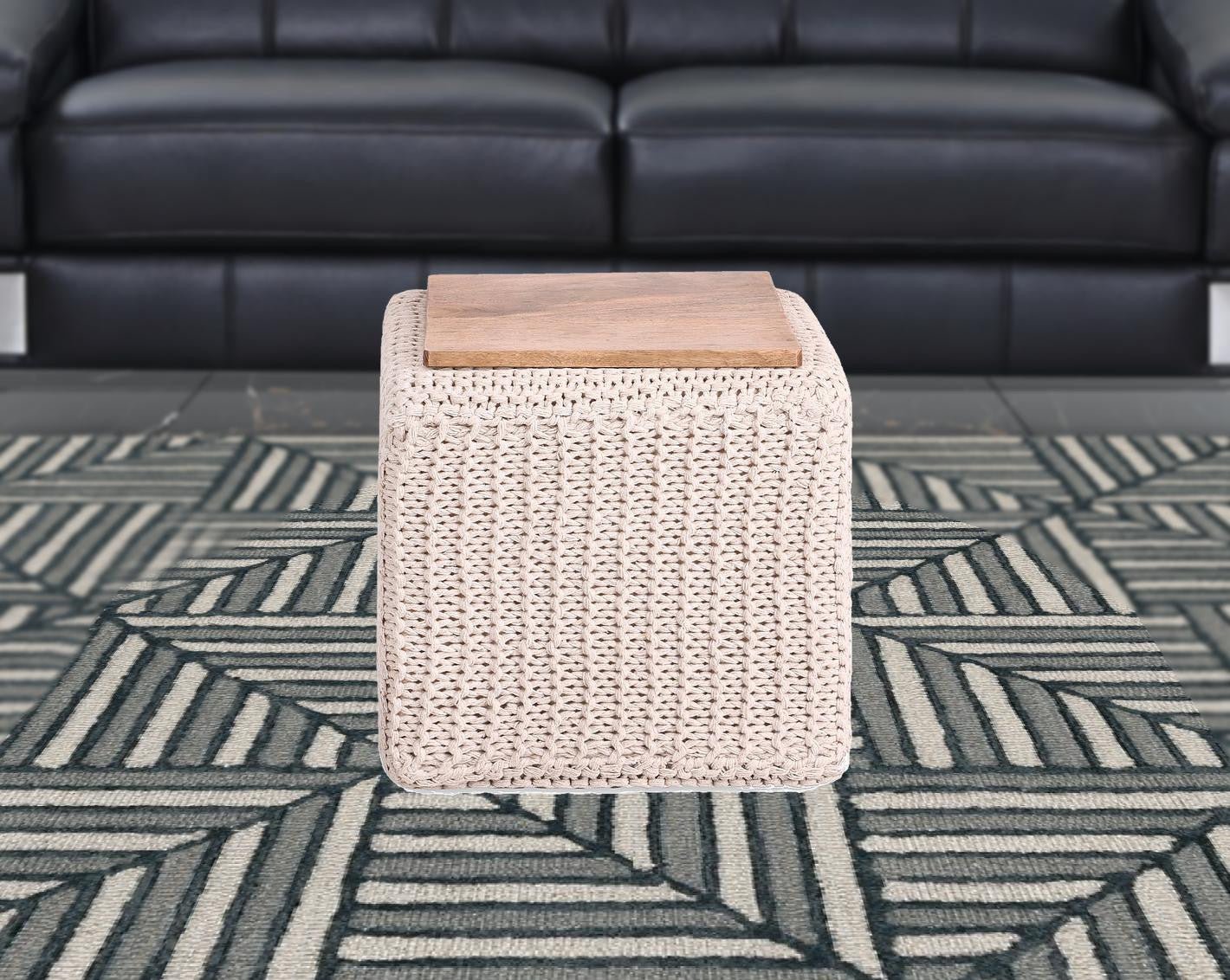 16" Ivory Cotton Blend Pouf Cube Ottoman