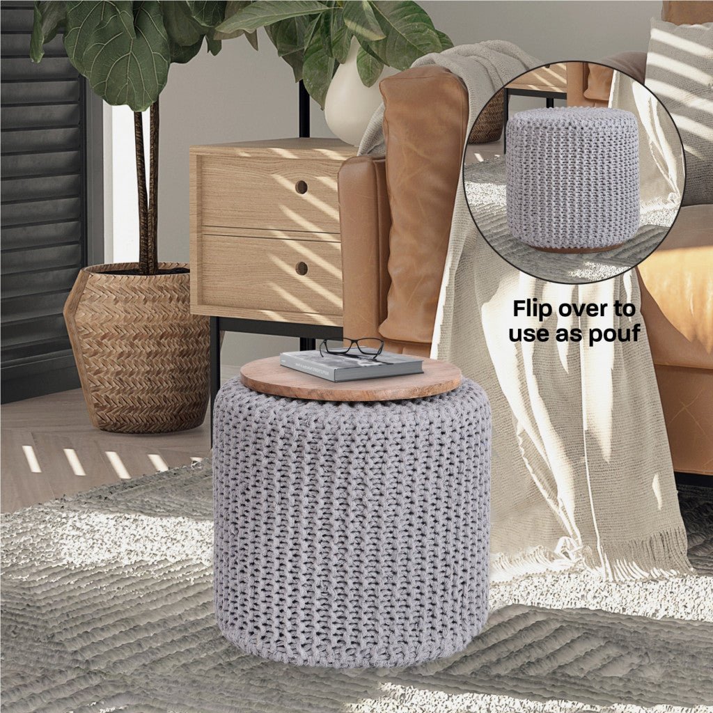 16" Light Grey Cotton Blend With Brown Round Pouf Ottoman