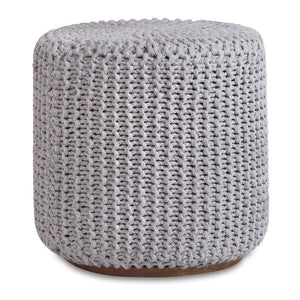 16" Light Grey Cotton Blend With Brown Round Pouf Ottoman