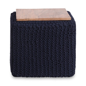 16" Navy Cotton Blend Pouf Cube Ottoman