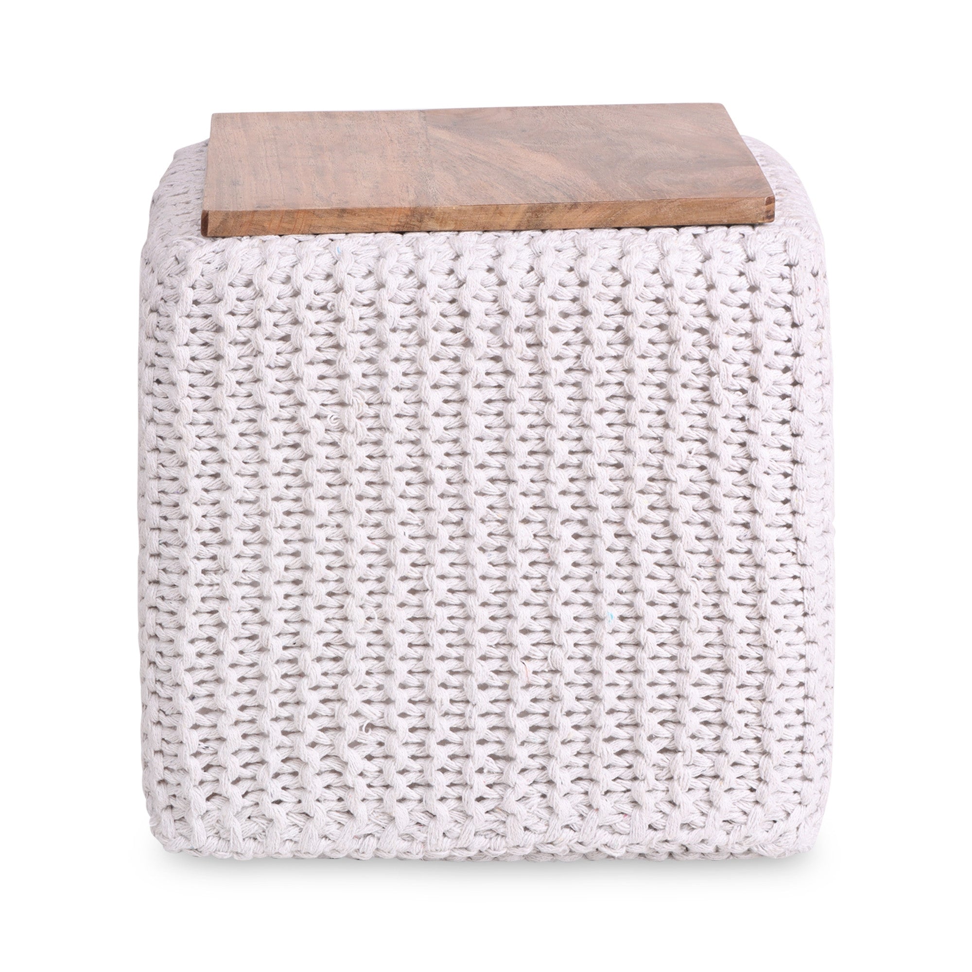 16" White Cotton Blend Pouf Cube Ottoman