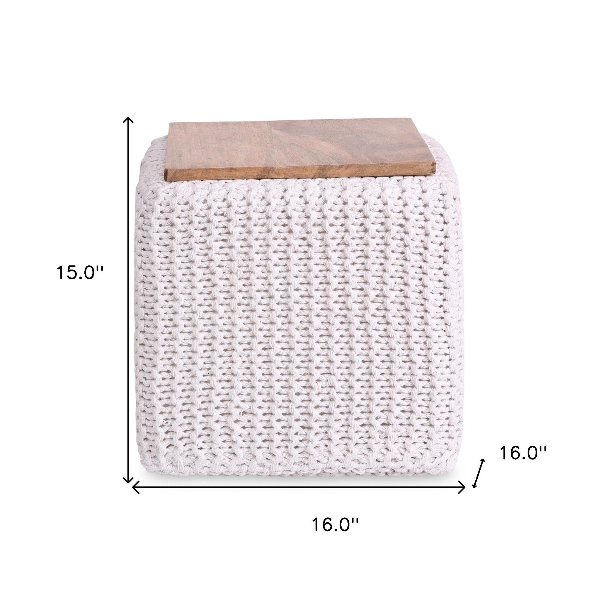 16" White Cotton Blend Pouf Cube Ottoman