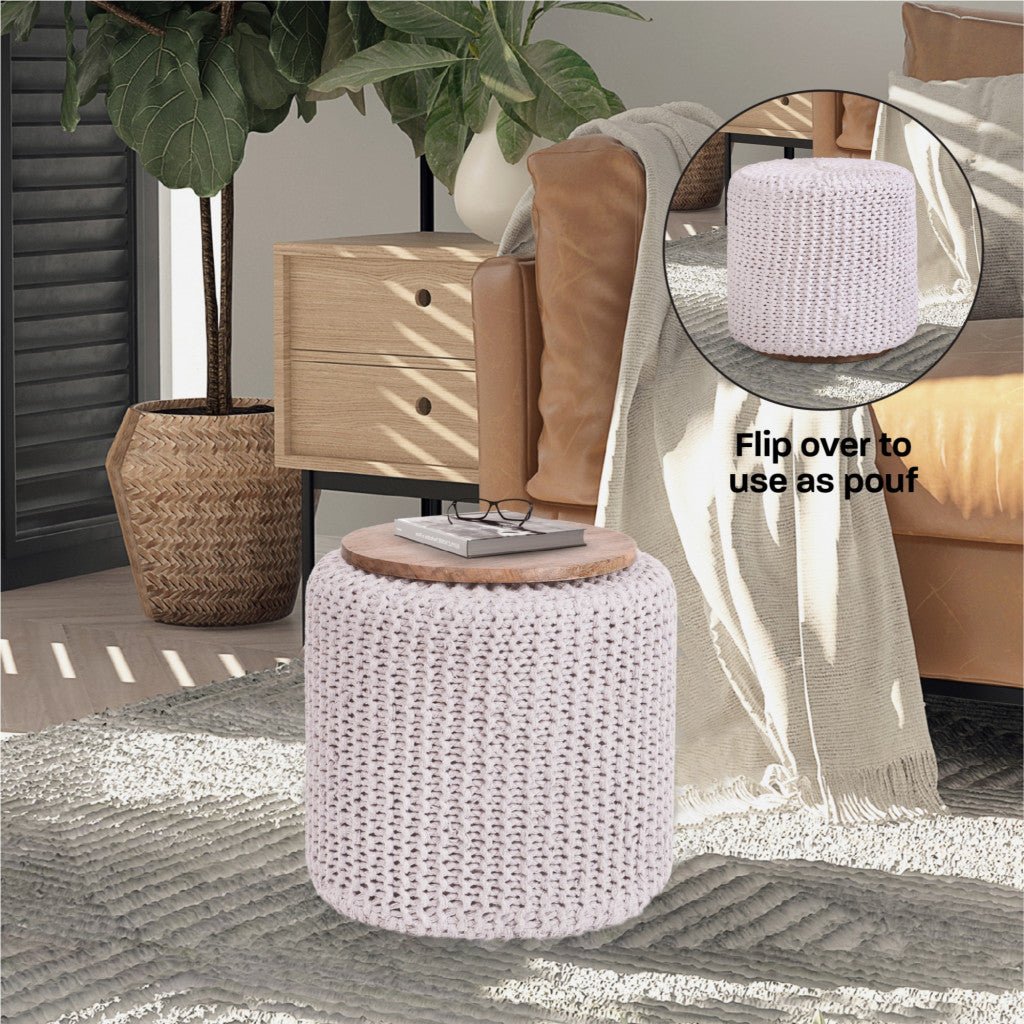 16" White Cotton Blend With Brown Round Pouf Ottoman