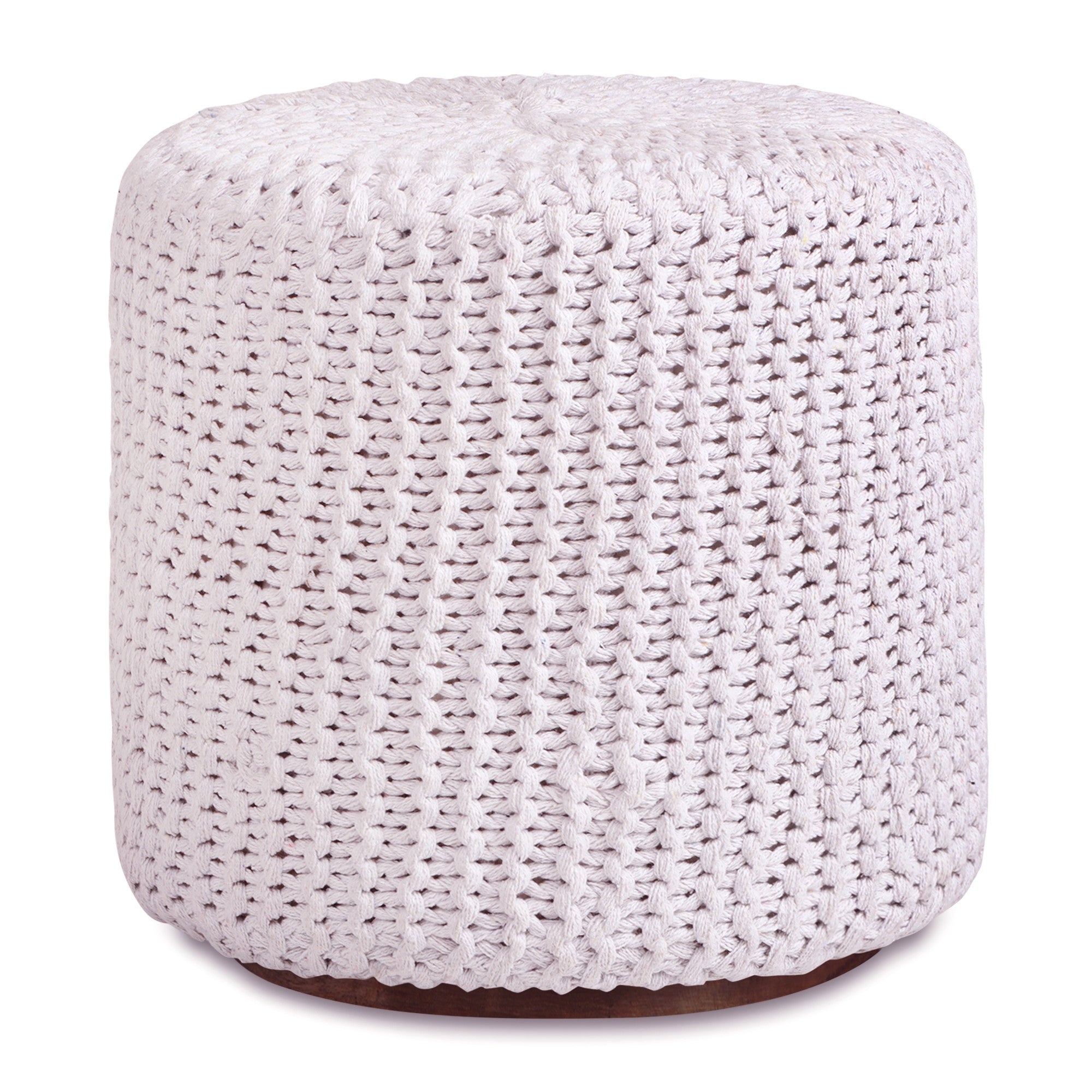 16" White Cotton Blend With Brown Round Pouf Ottoman