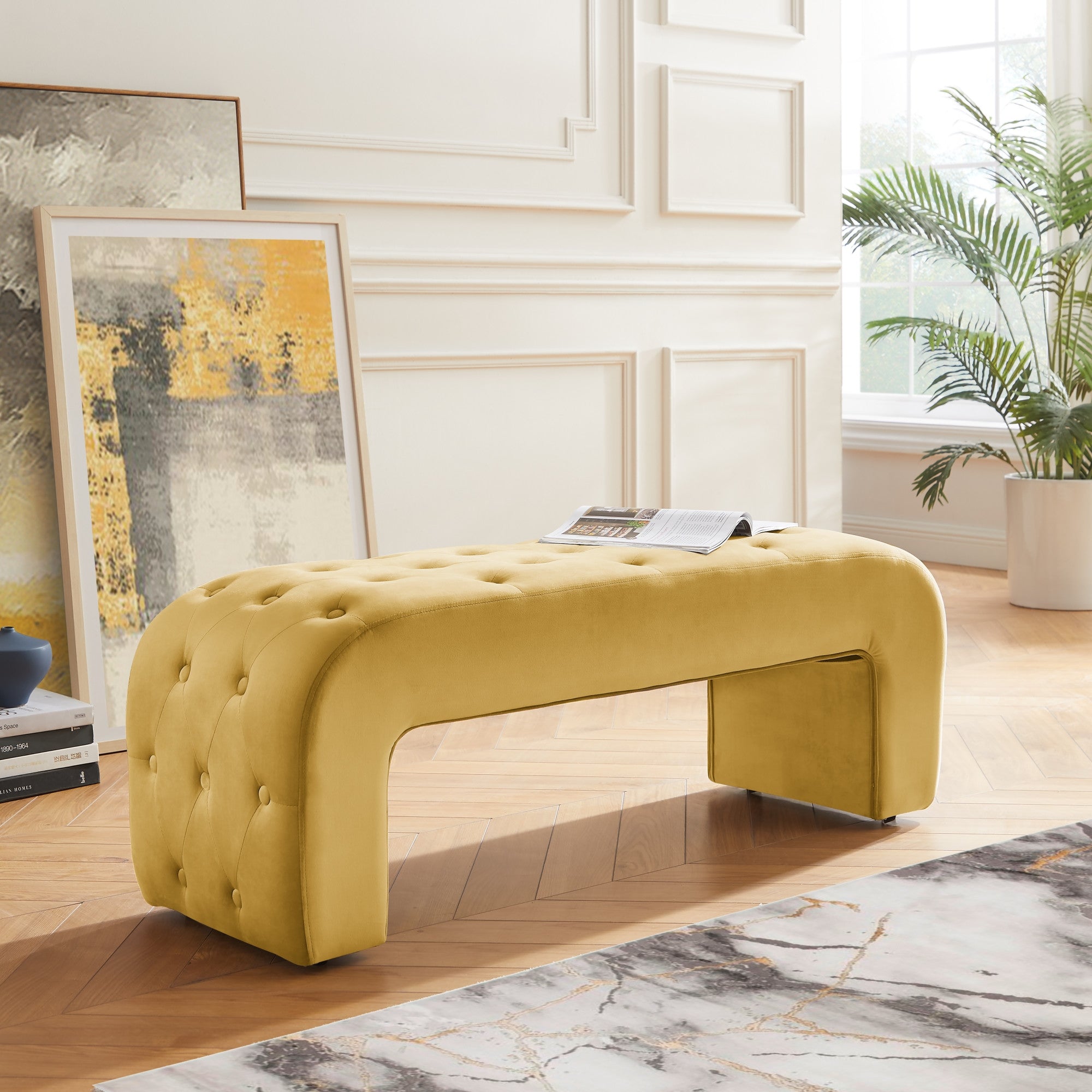 16" Yellow Upholstered Upholstery Bedroom Bench