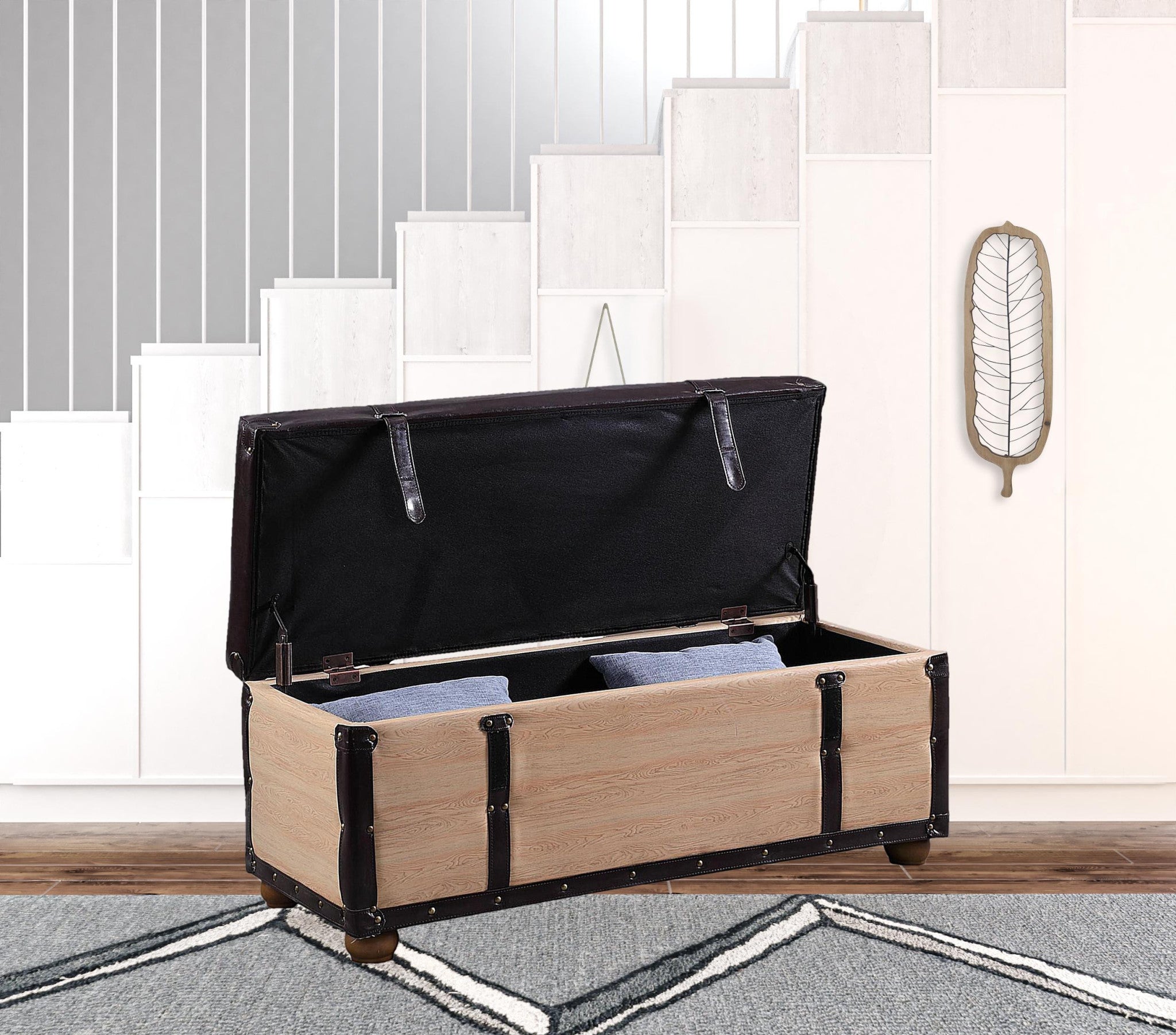 17" Black And Natural Light Brown Faux Leather Bench With Flip Top