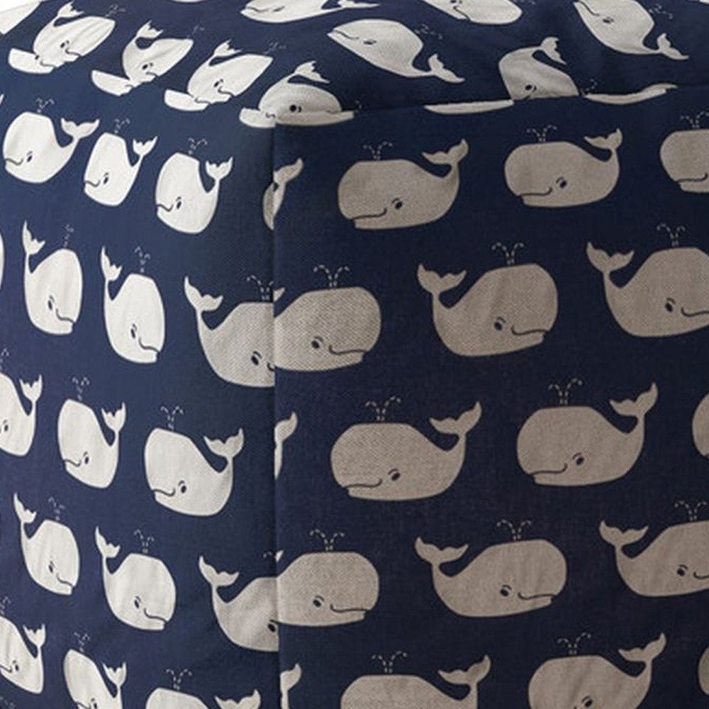 17" Blue And Grey Twill Animal Print Pouf Ottoman