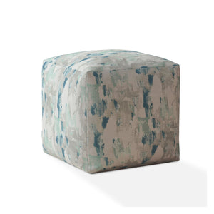 17" Blue And White Canvas Abstract Pouf Ottoman