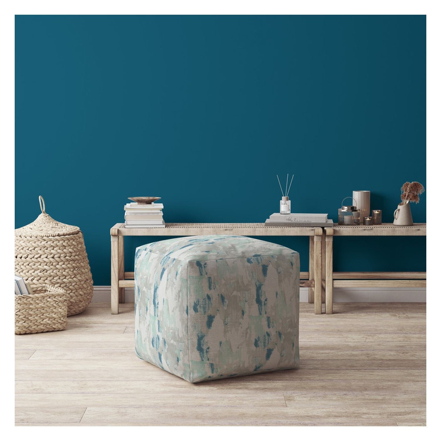 17" Blue And White Canvas Abstract Pouf Ottoman