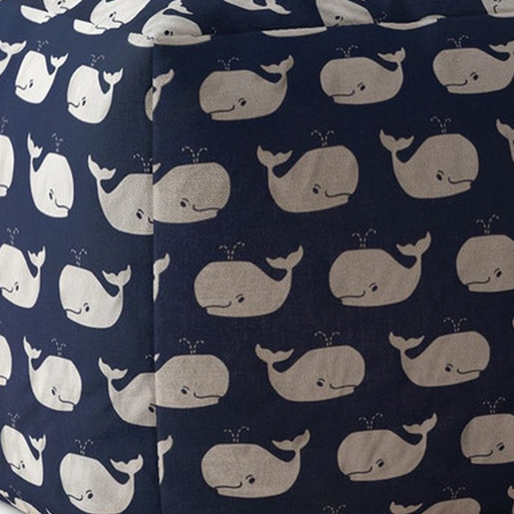 17" Blue And White Twill Whale Pouf Ottoman