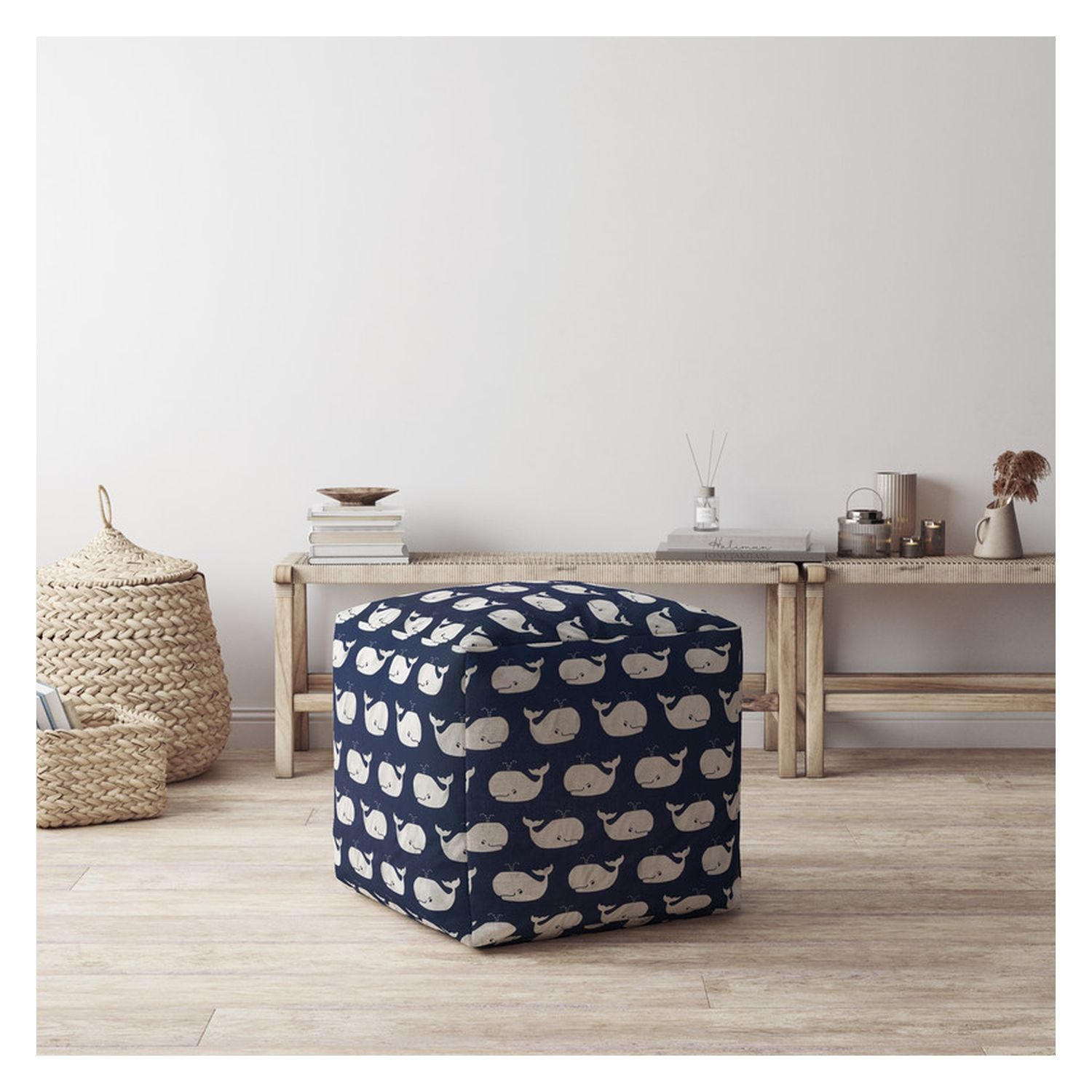 17" Blue And White Twill Whale Pouf Ottoman