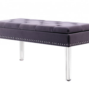 17" Clear And Gray Upholstered Velvet Entryway Bench With Flip Top