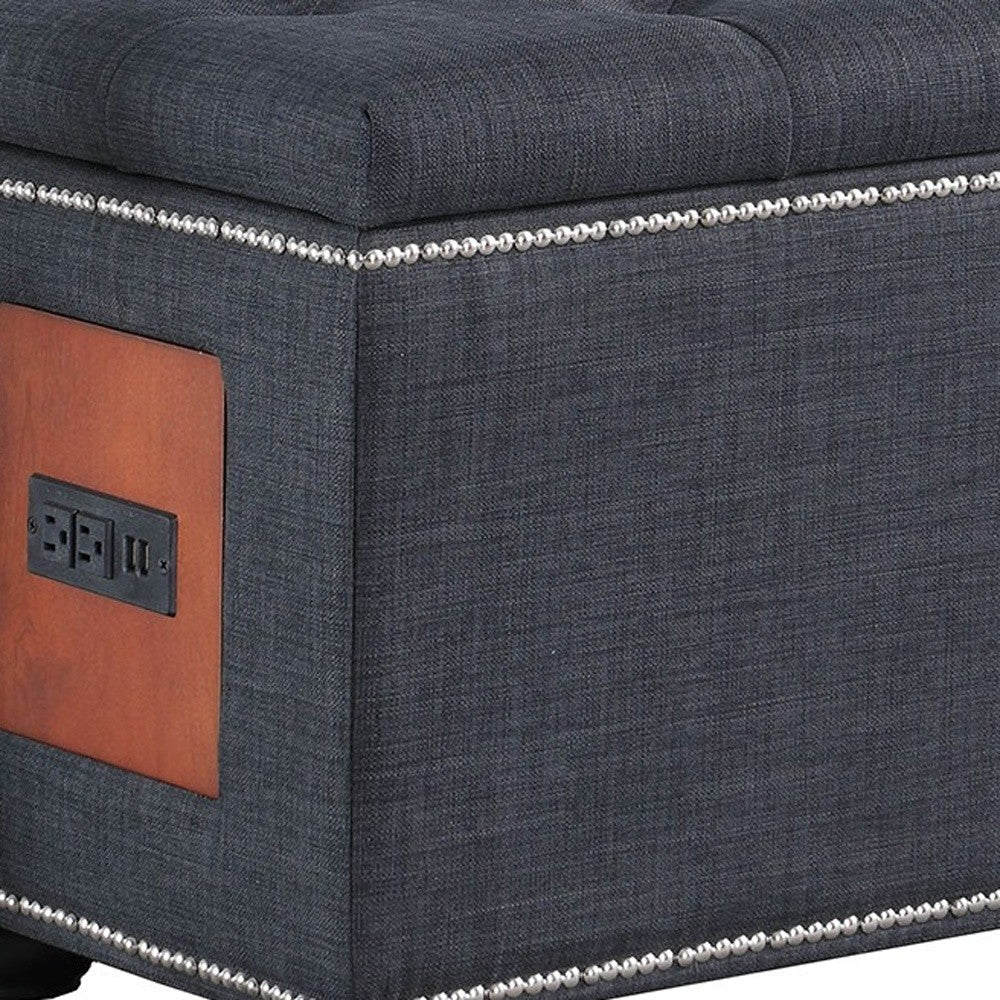 17" Dark Slate Gray 100% Linen And Black Tufted Storage Ottoman