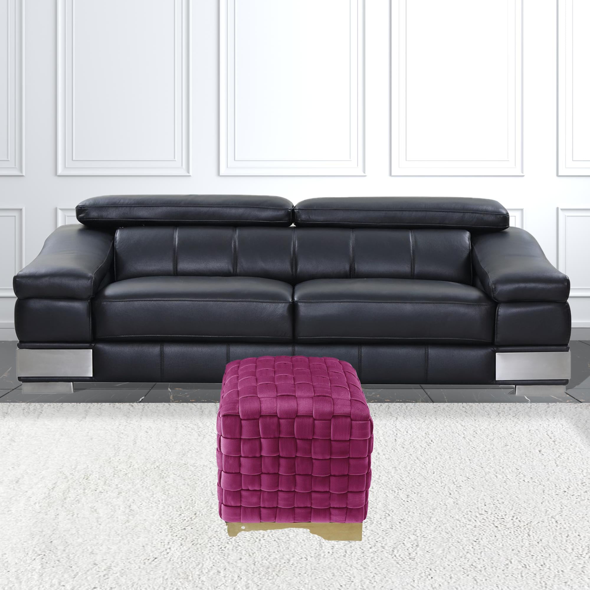 Fuchsia Woven Velvet And Gold Ottoman 17"