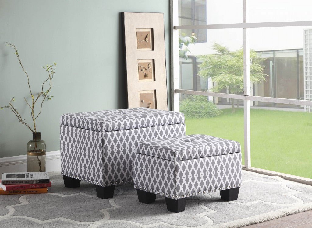 17" Gray And White Polyester Blend And Black Tufted Storage Ottoman