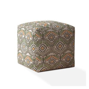 17" Green And Orange Cotton Damask Pouf Ottoman