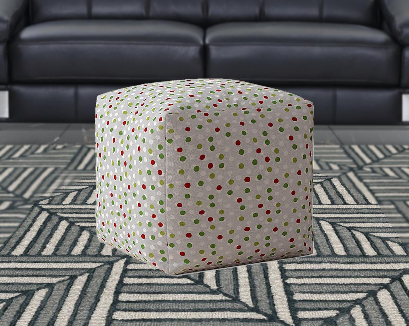 17" Green Cotton Polka Dots Pouf Ottoman
