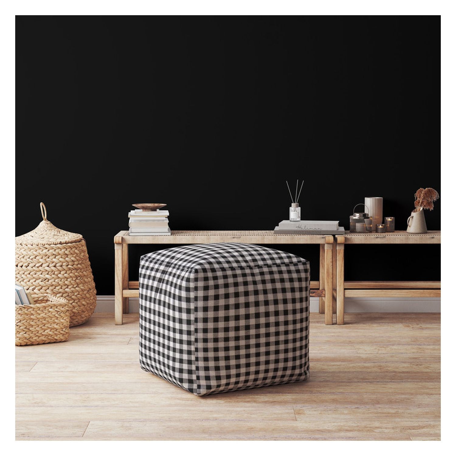 17" Grey And Black Cotton Gingham Pouf Ottoman