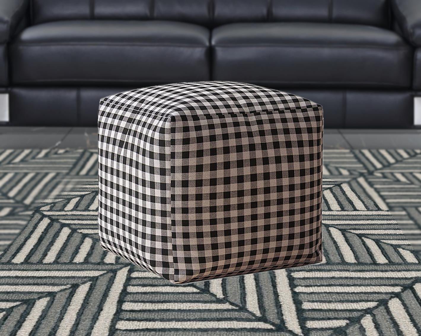 17" Grey And Black Cotton Gingham Pouf Ottoman