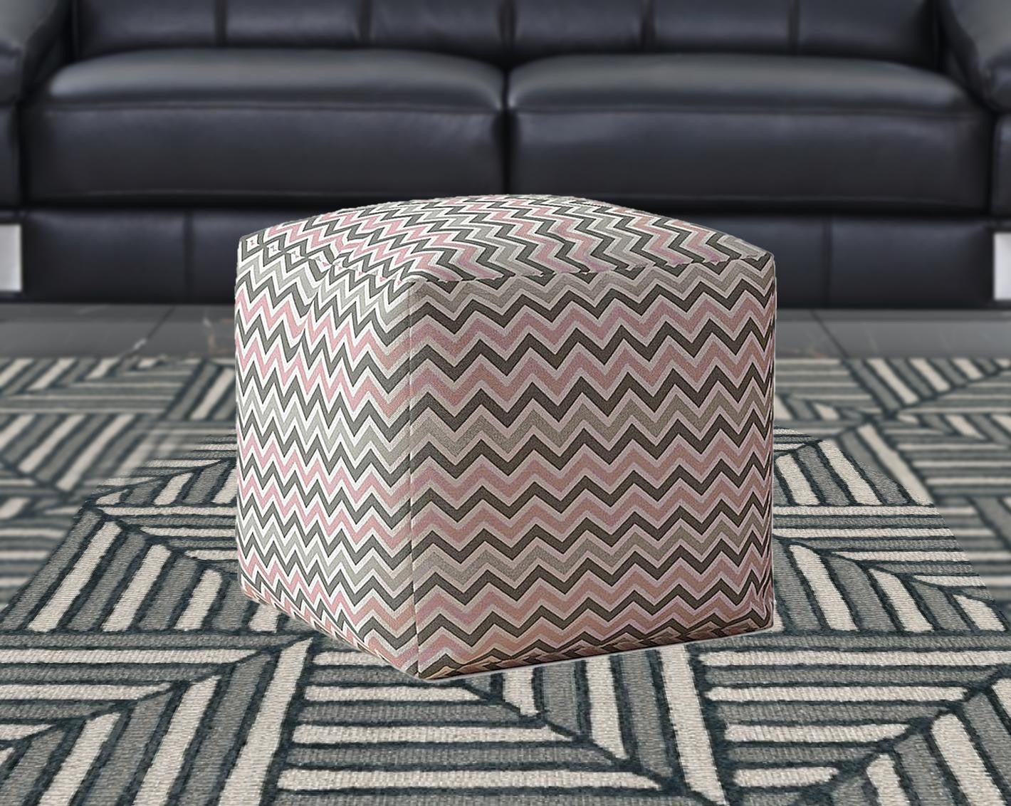 17" Grey And Pink Twill Chevron Pouf Ottoman