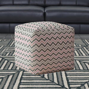 17" Grey And Pink Twill Chevron Pouf Ottoman