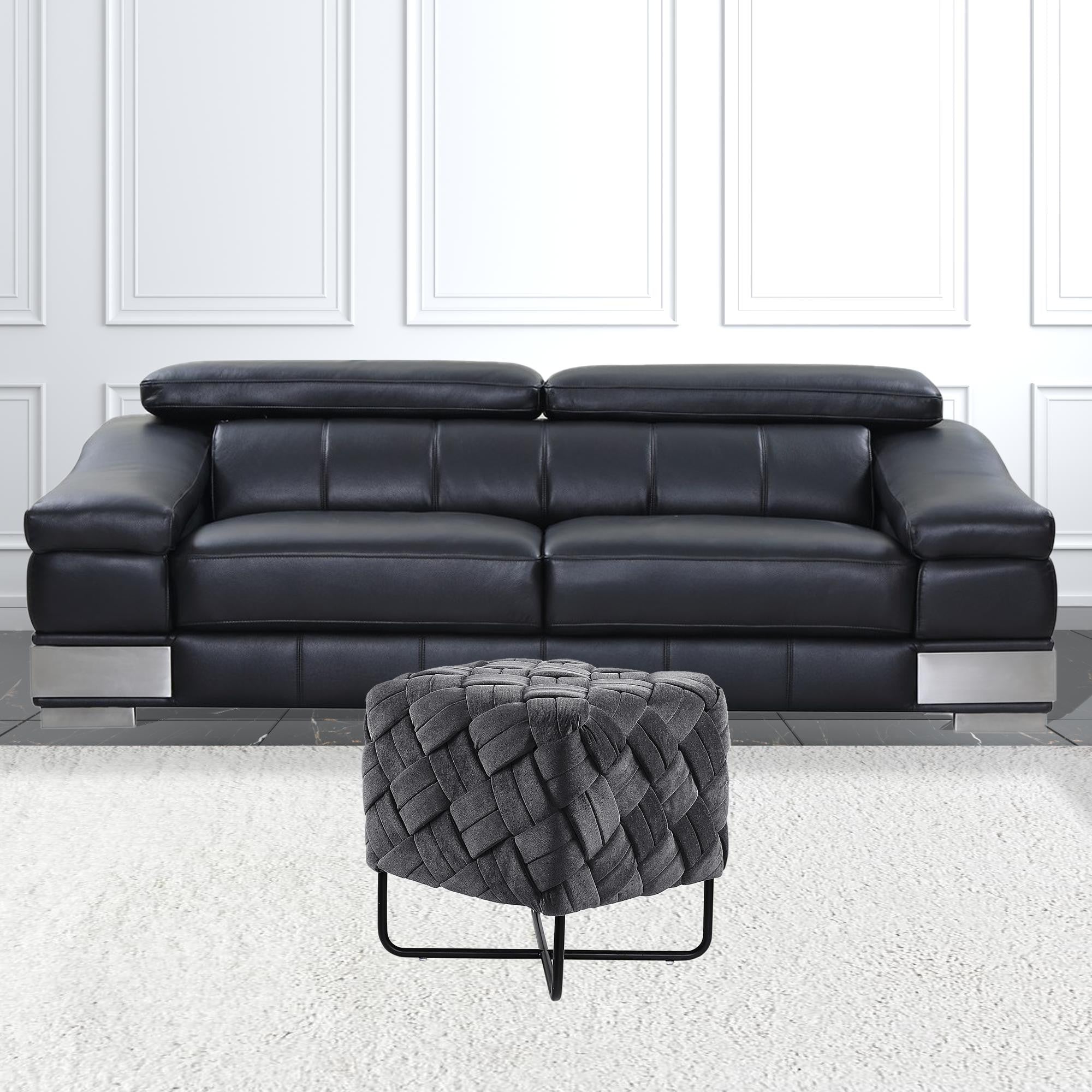 17" Grey Velvet And Black Cube Ottoman