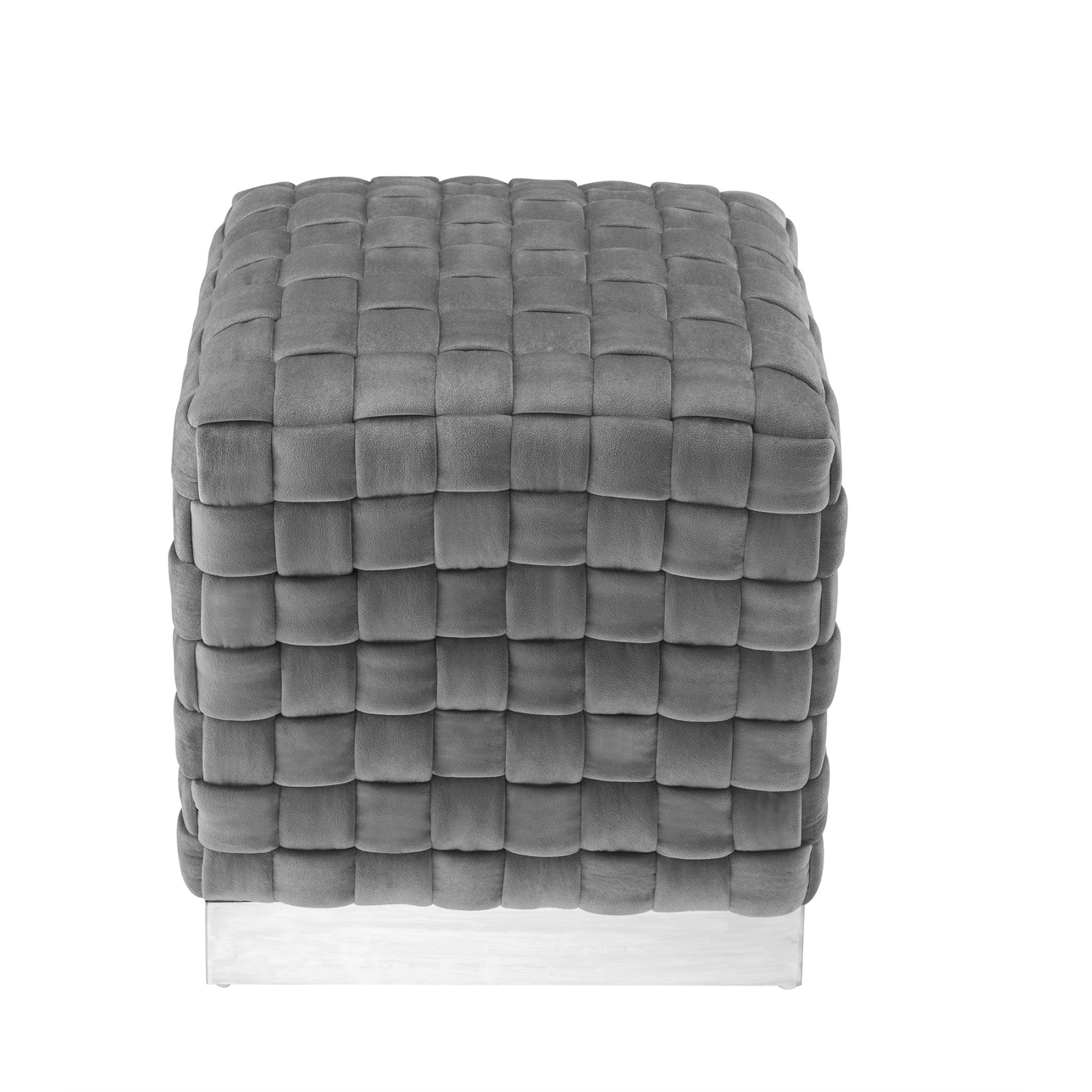 17" Grey Woven Velvet And Silver Ottoman
