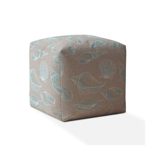 17" Light Blue And Grey Canvas Seashell Print Pouf Ottoman