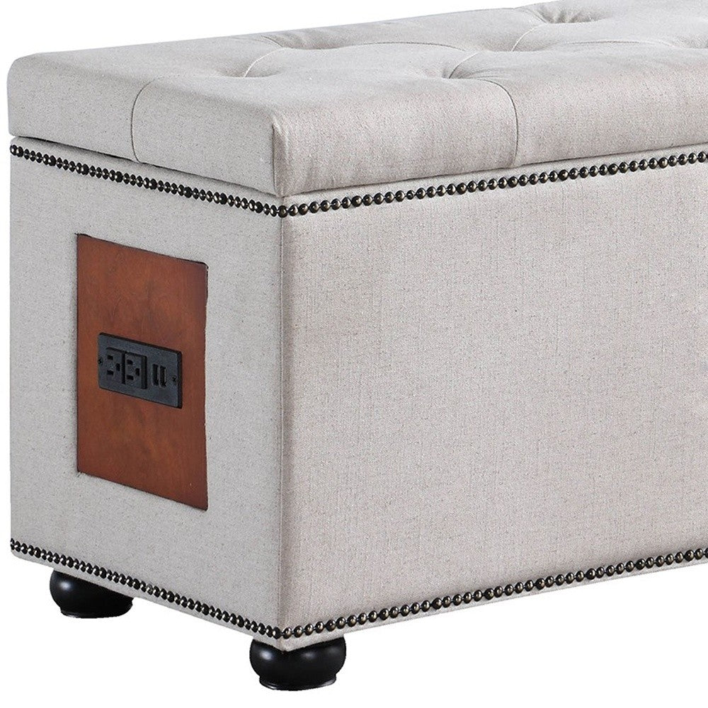 17" Light Khaki 100% Linen And Black Tufted Storage Ottoman