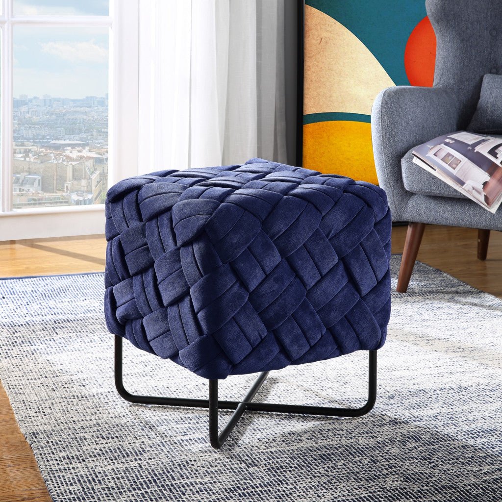 17" Navy Velvet And Black Cube Ottoman