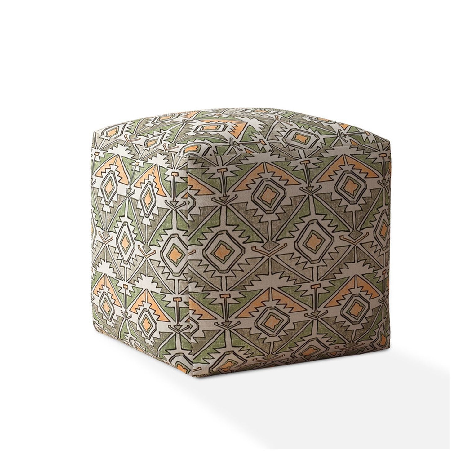 17" Orange And Green Cotton Damask Pouf Ottoman