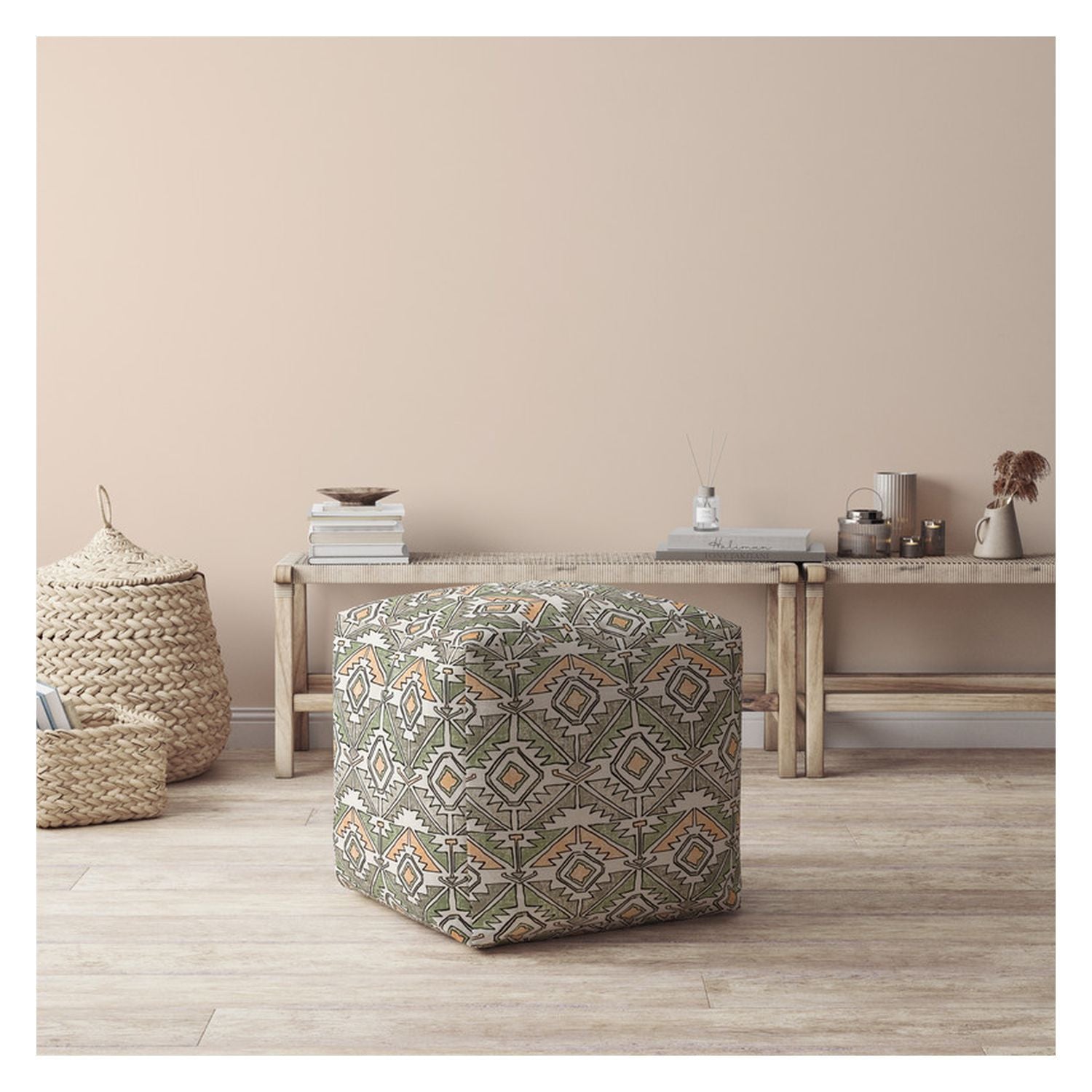 17" Orange And Green Cotton Damask Pouf Ottoman