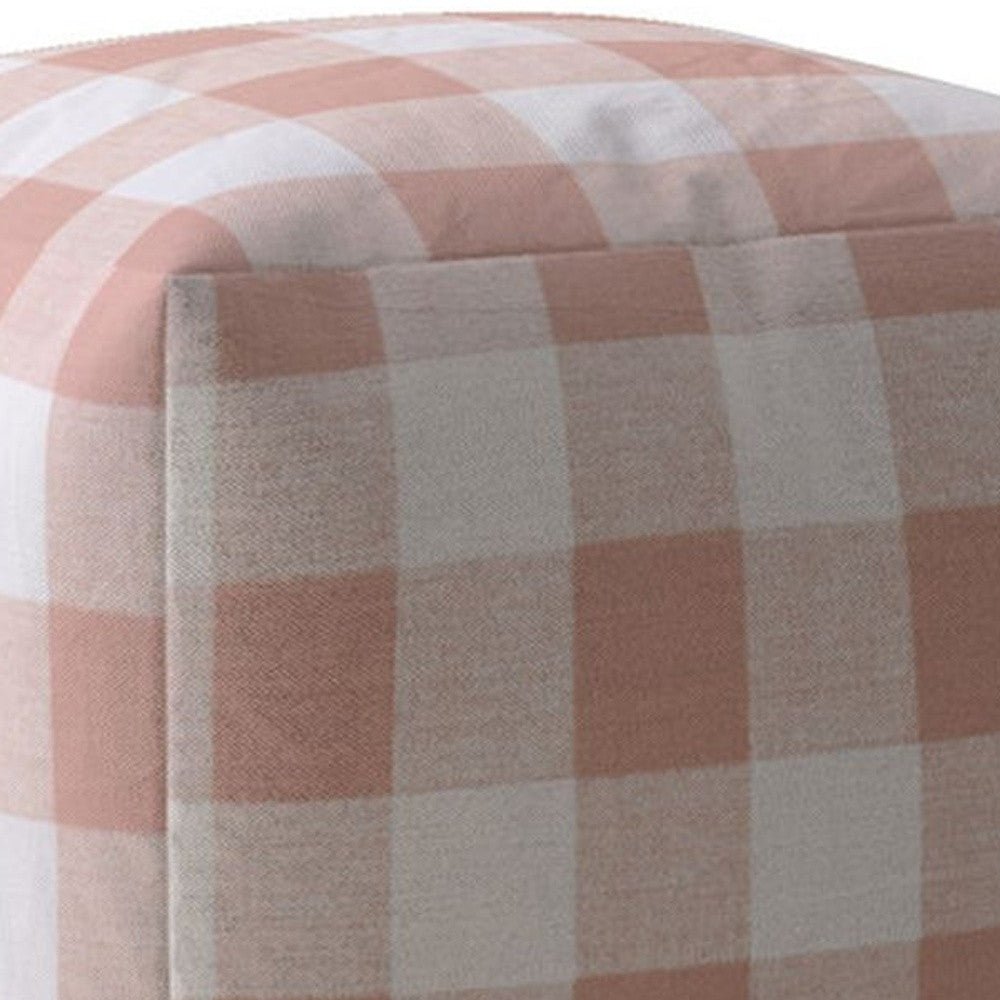 17" Pink And White Cotton Gingham Pouf Ottoman