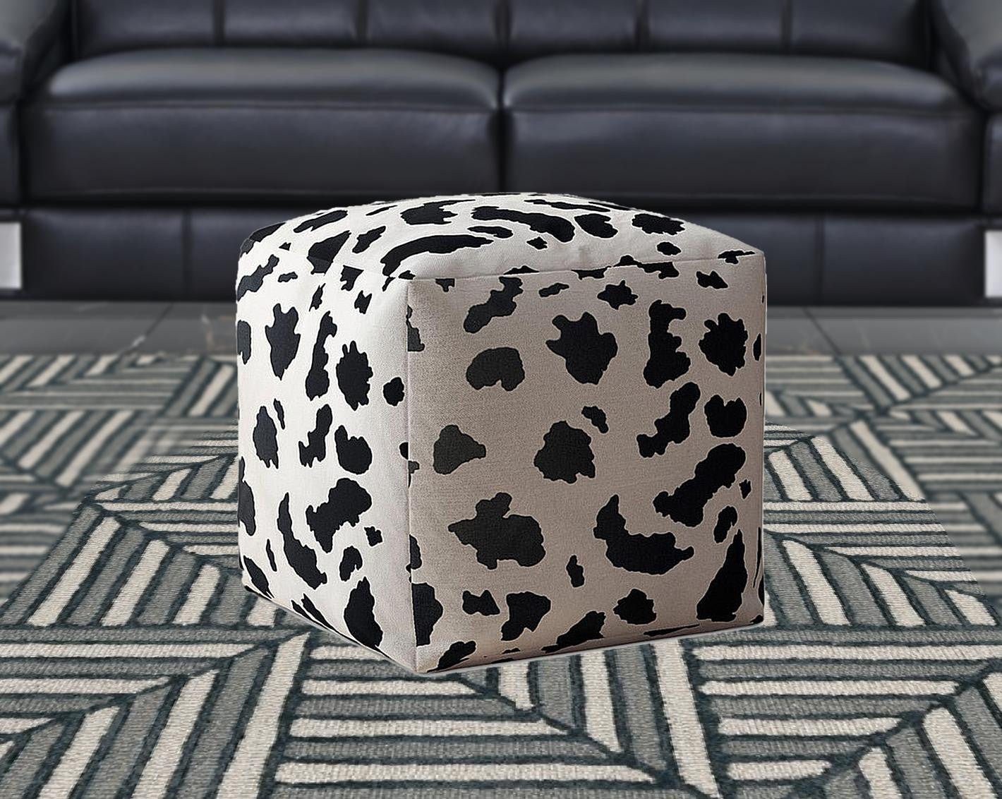 17" White And Black Twill Cow Print Pouf Ottoman