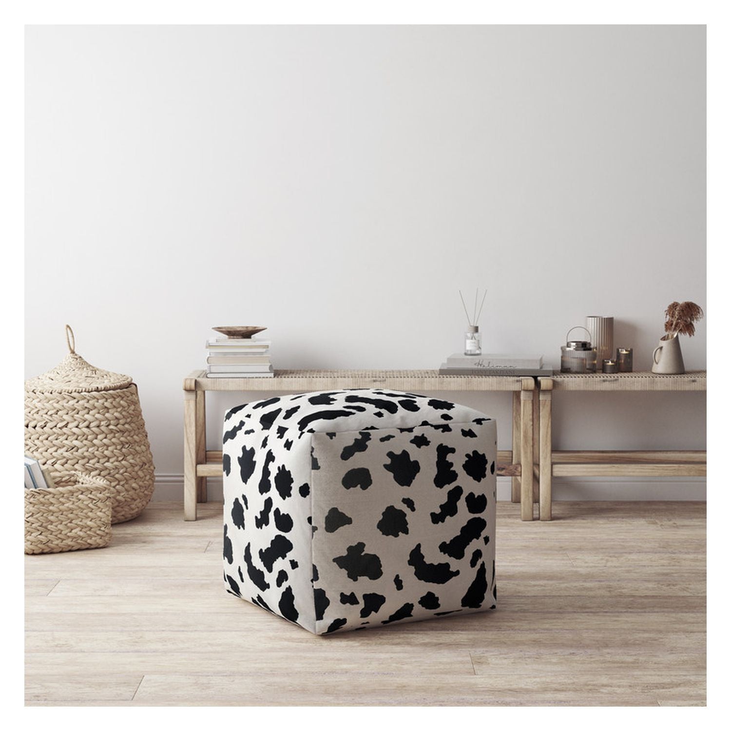 17" White And Black Twill Cow Print Pouf Ottoman