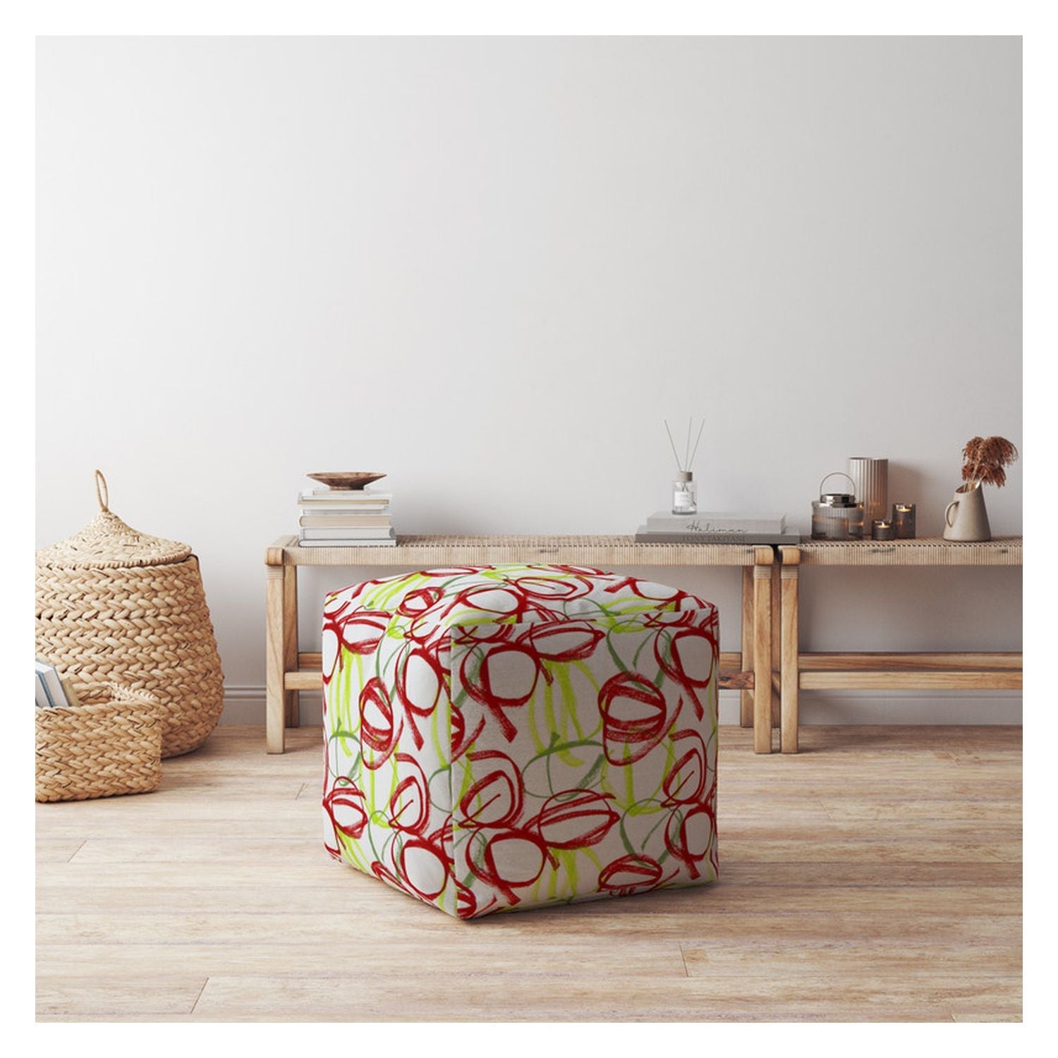 17" White Green And Red Cotton Abstract Pouf Ottoman