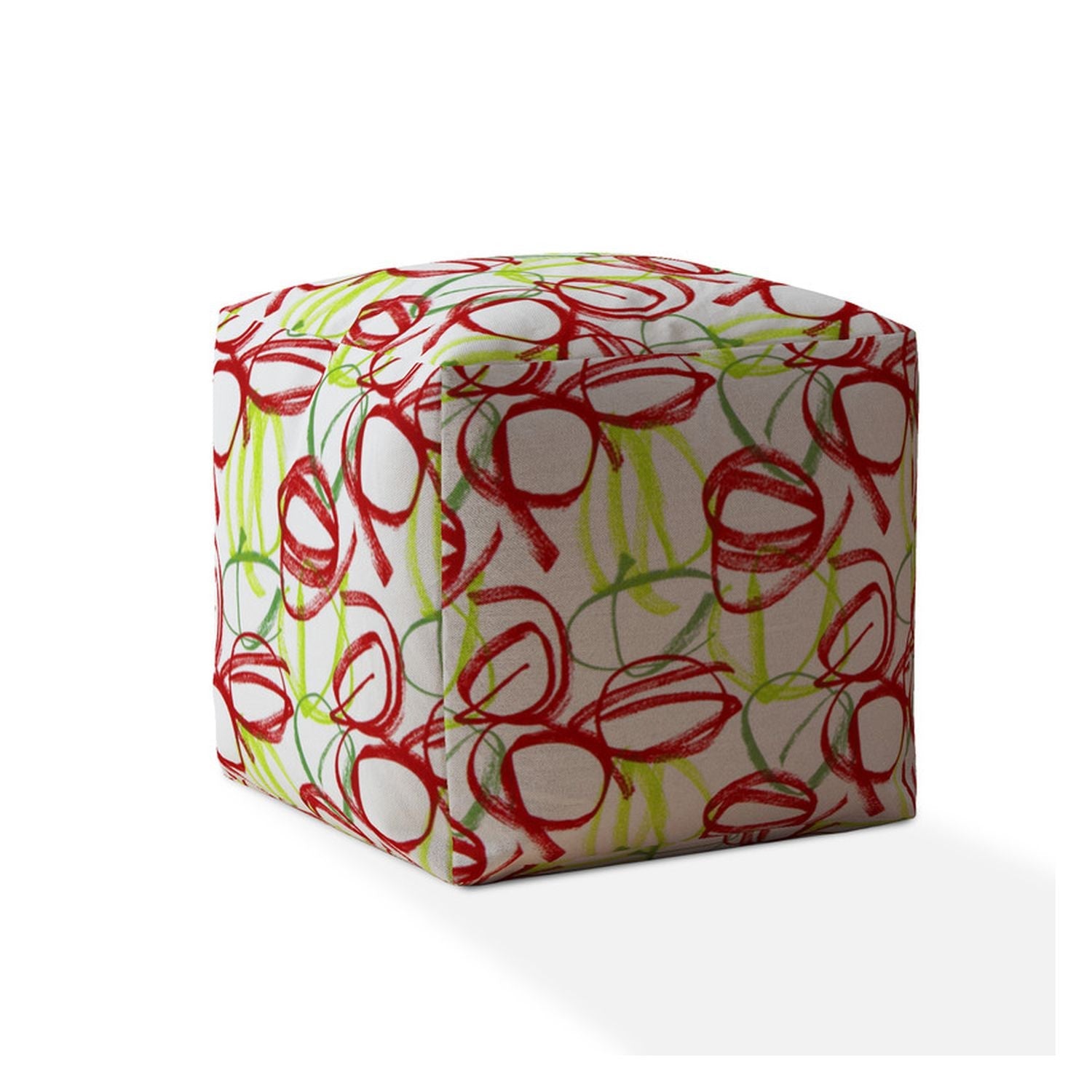17" White Green And Red Cotton Abstract Pouf Ottoman