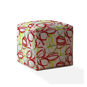 17" White Green And Red Cotton Abstract Pouf Ottoman