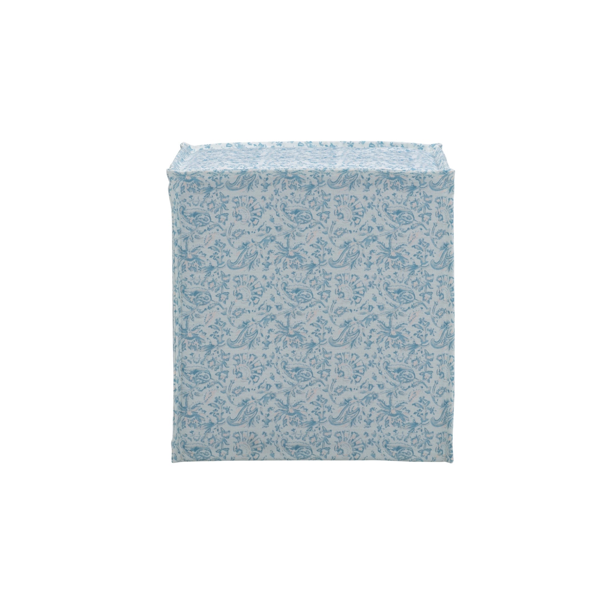 18" Aqua Blue and Cream 100% Linen Floral Ottoman