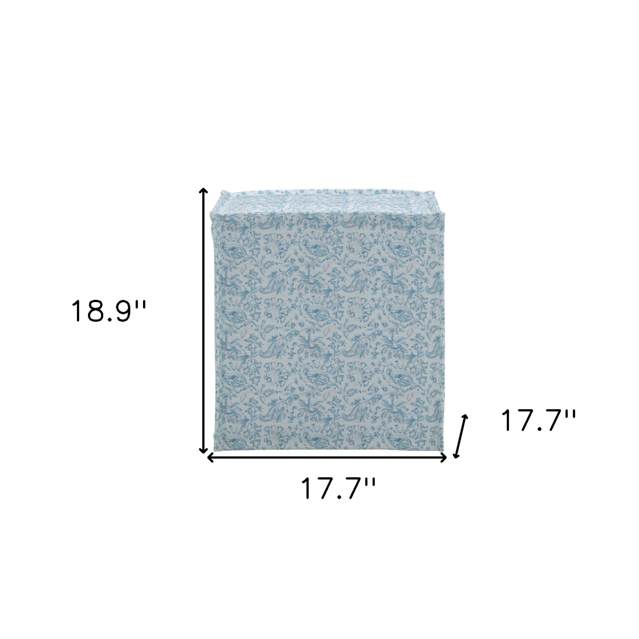 18" Aqua Blue and Cream 100% Linen Floral Ottoman