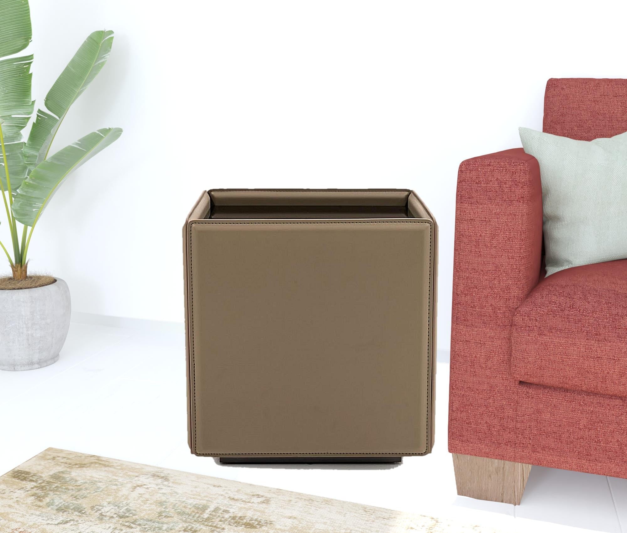 18" Beige And Black Glass And Faux Leather Square End Table